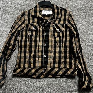 FOXCROFT Gingham Checkered Plaid Black Tan LIGHTWEIGHT Shacket Size 6 Medium